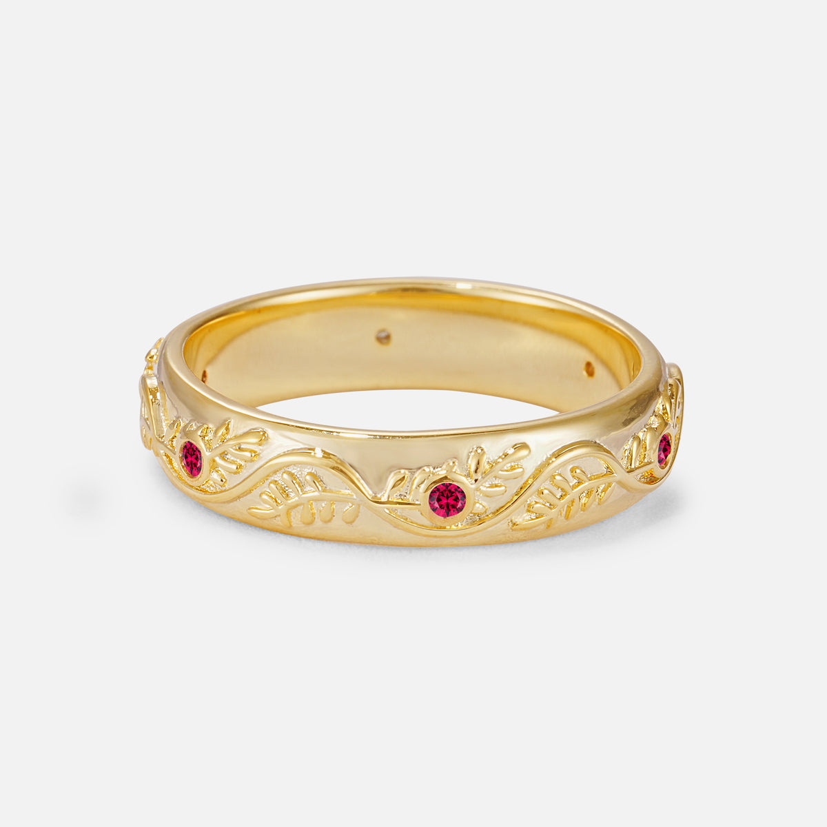 Natural Inspired Leaf Engraved Pave Accent Ruby Men's Wedding Band