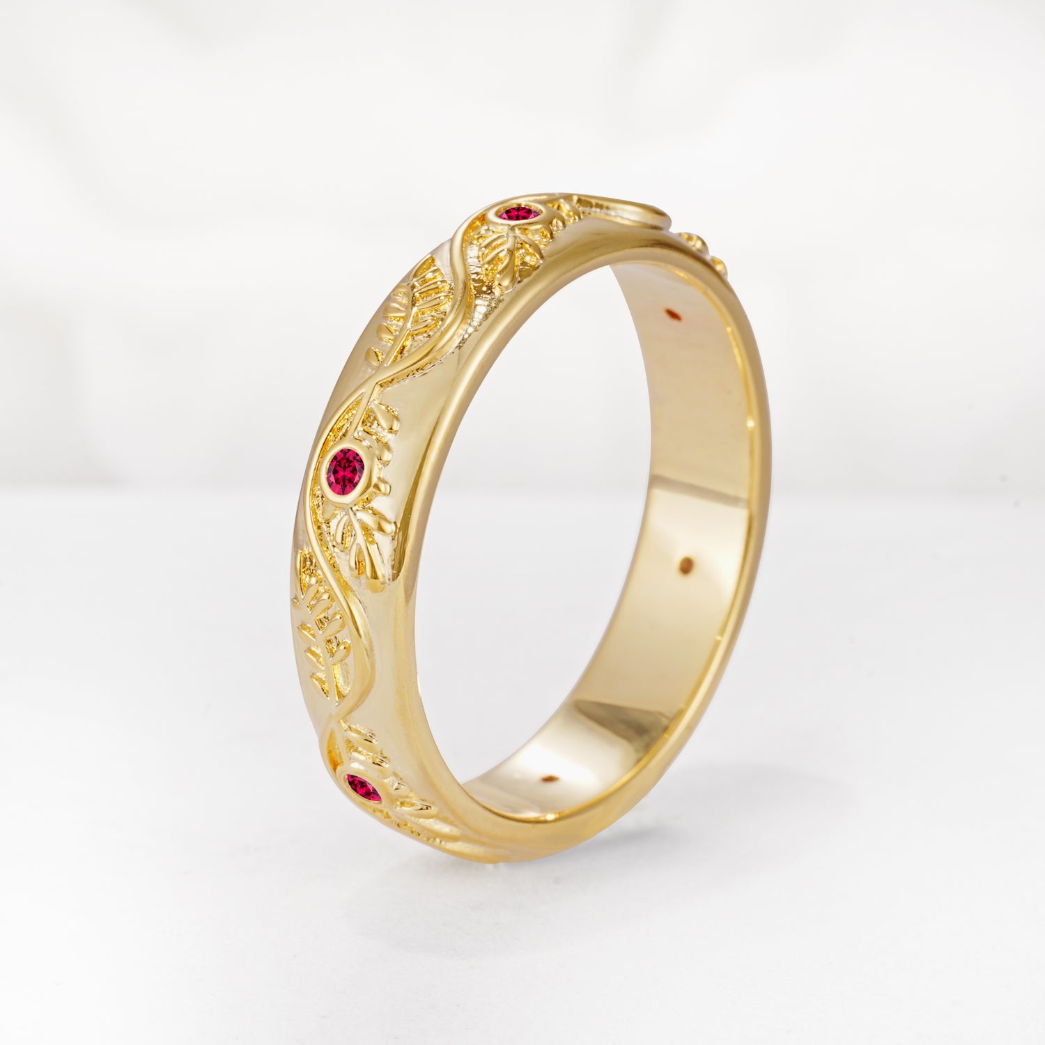 Natural Inspired Leaf Engraved Pave Accent Ruby Men's Wedding Band