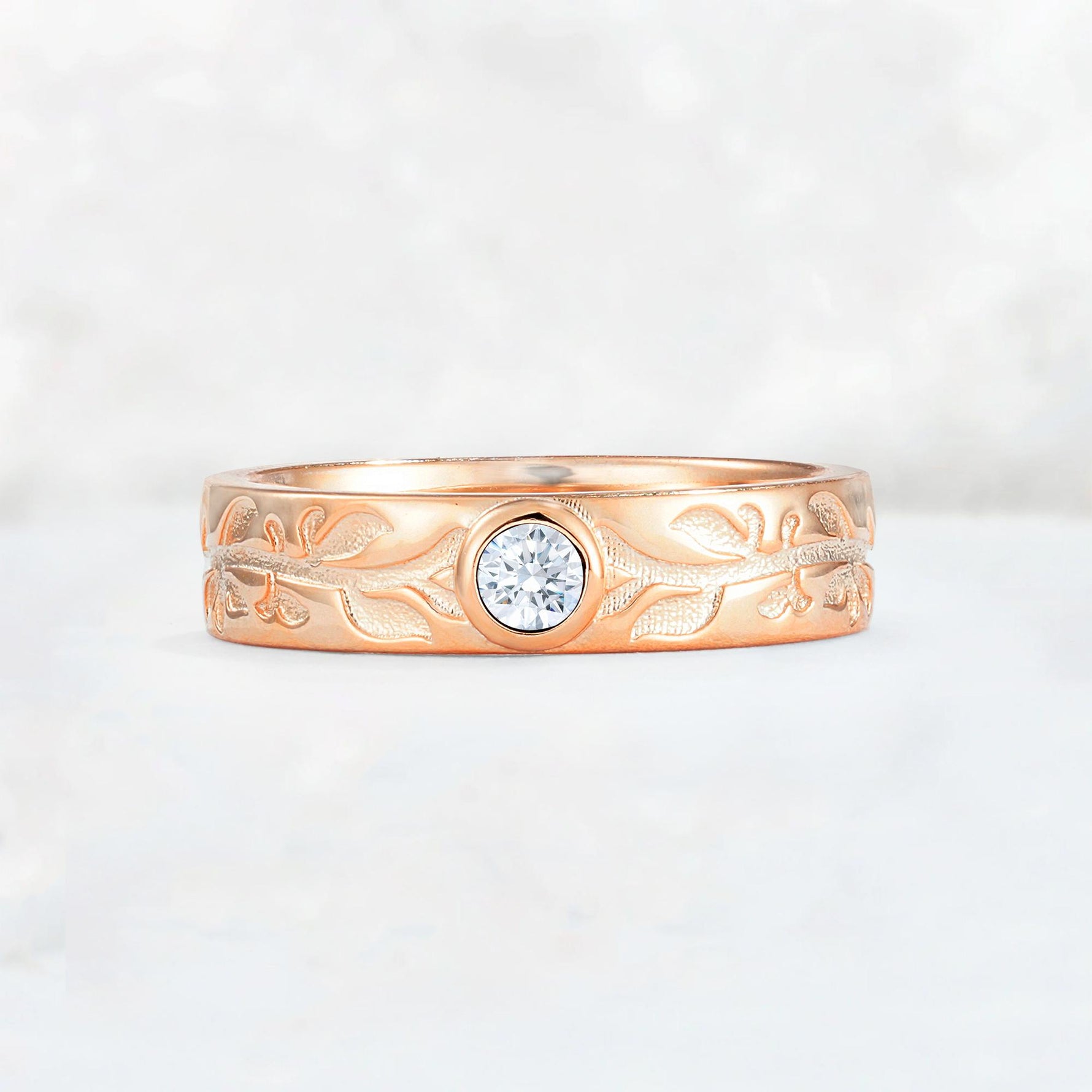 Nature-Inspired Round Cut Moissanite Engraved Leaf Vine Wedding Band - Additional view