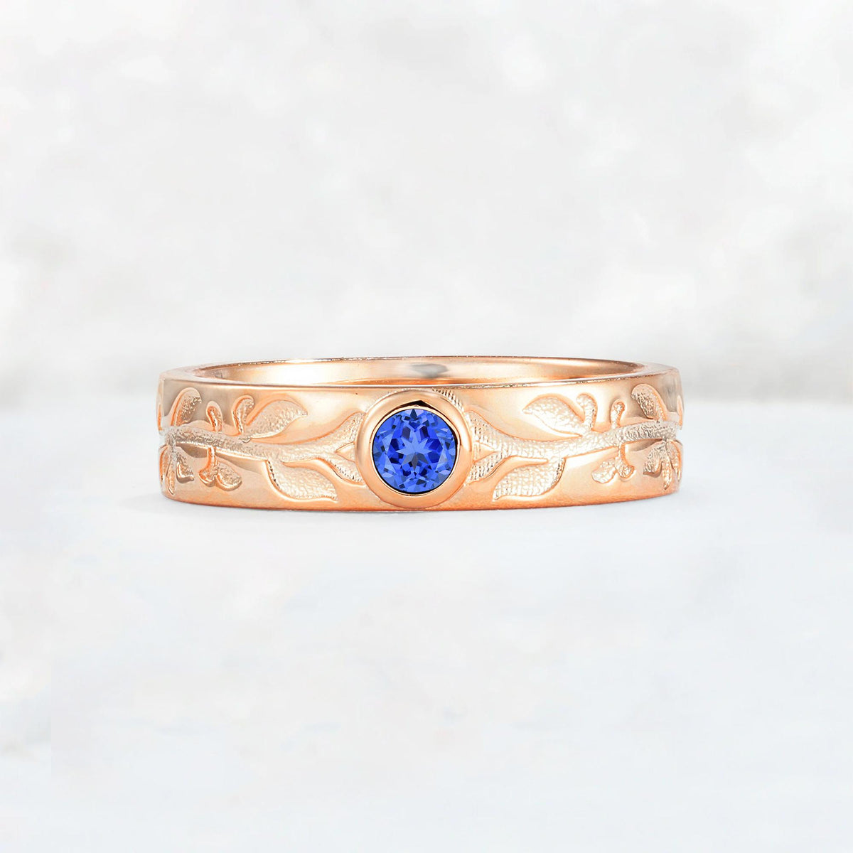 Nature-Inspired Round Cut Sapphire Engraved Leaf Vine Wedding Band - Additional view