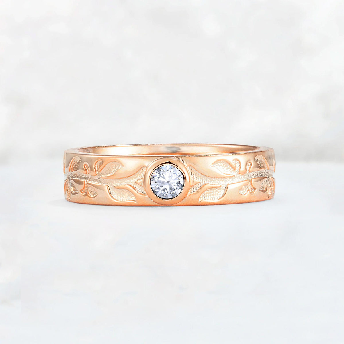 Nature-Inspired Round Cut Lab Diamond Engraved Leaf Vine Wedding Band - Additional view