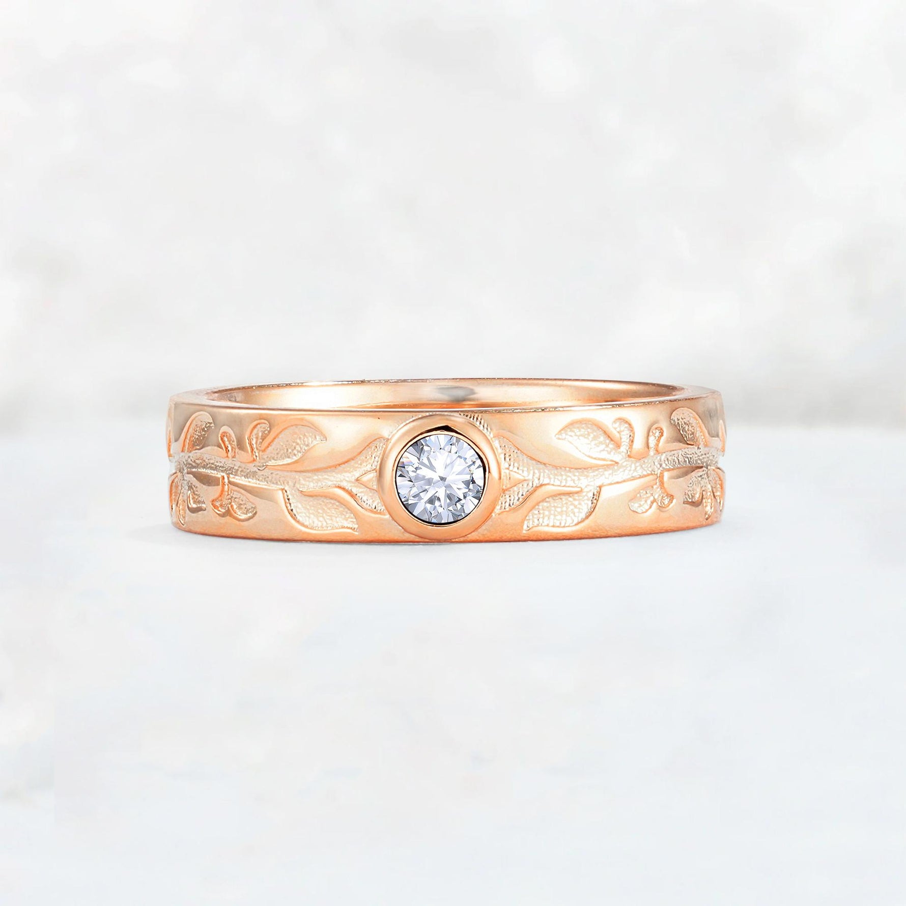 Nature-Inspired Round Cut Lab Diamond Engraved Leaf Vine Wedding Band - Additional view
