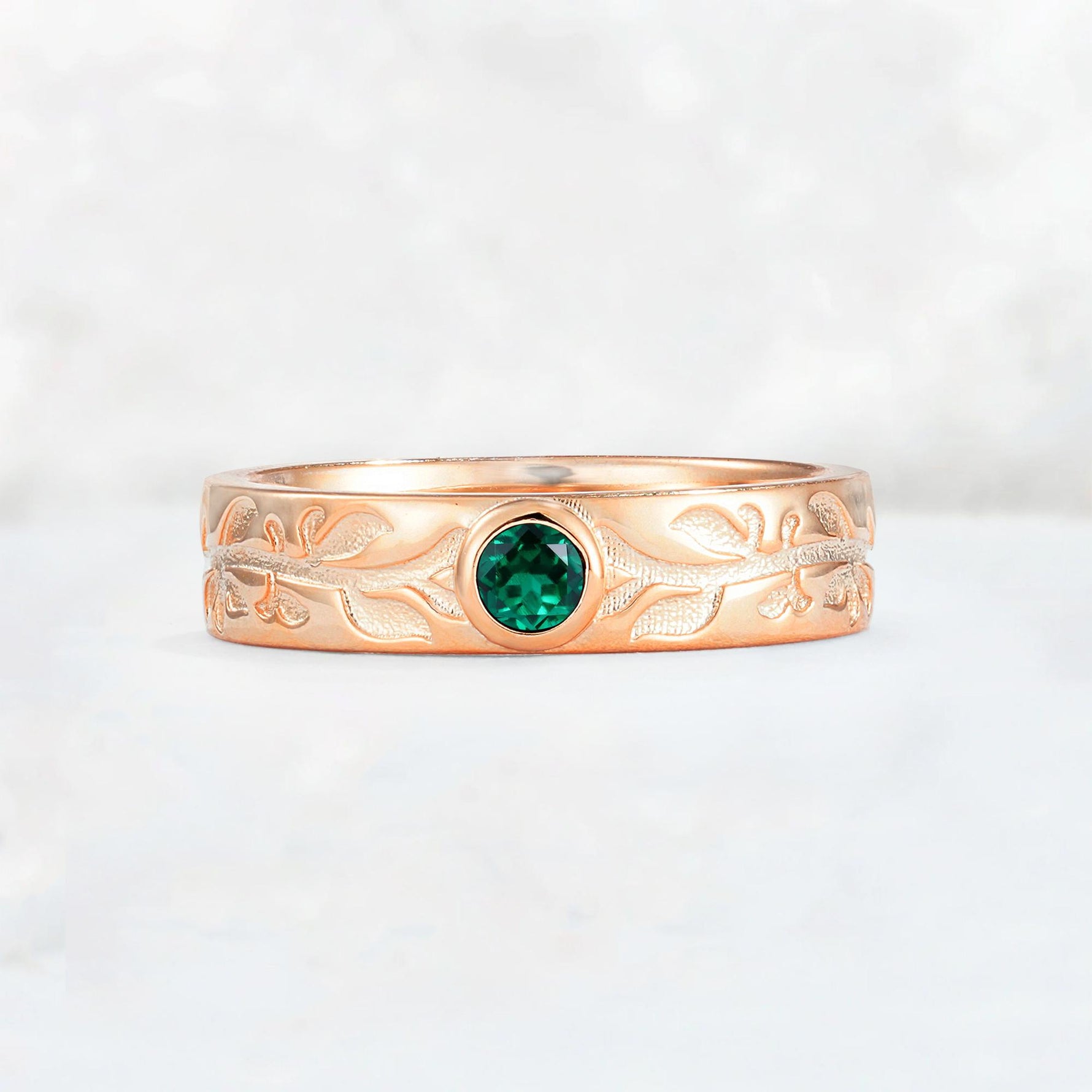 Nature-Inspired Round Cut Emerald Engraved Leaf Vine Wedding Band - Additional view