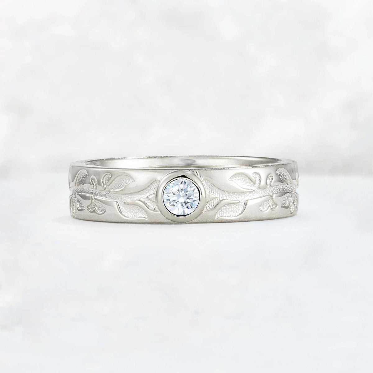 Nature-Inspired Round Cut Moissanite Engraved Leaf Vine Wedding Band - Additional view