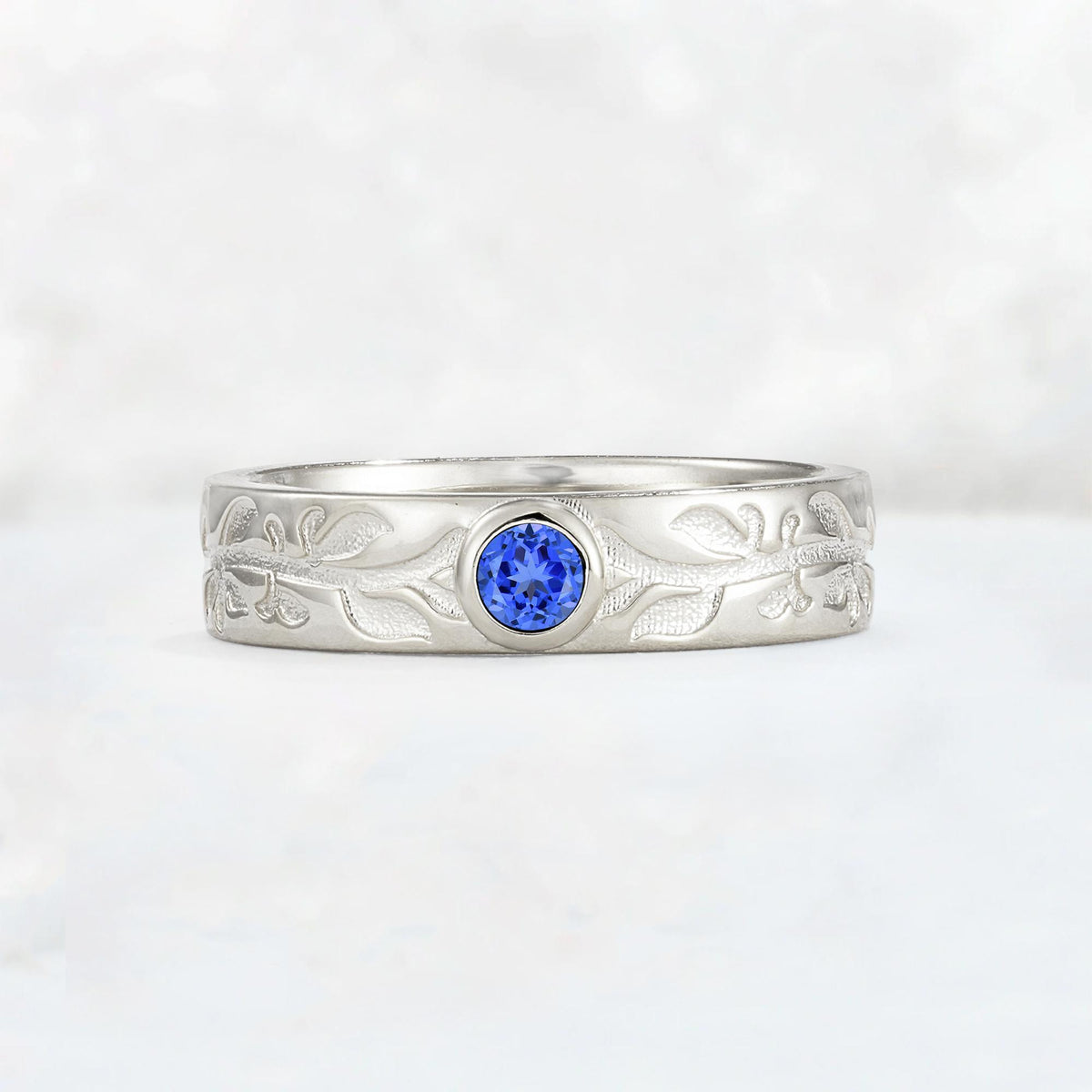 Nature-Inspired Round Cut Sapphire Engraved Leaf Vine Wedding Band - Additional view