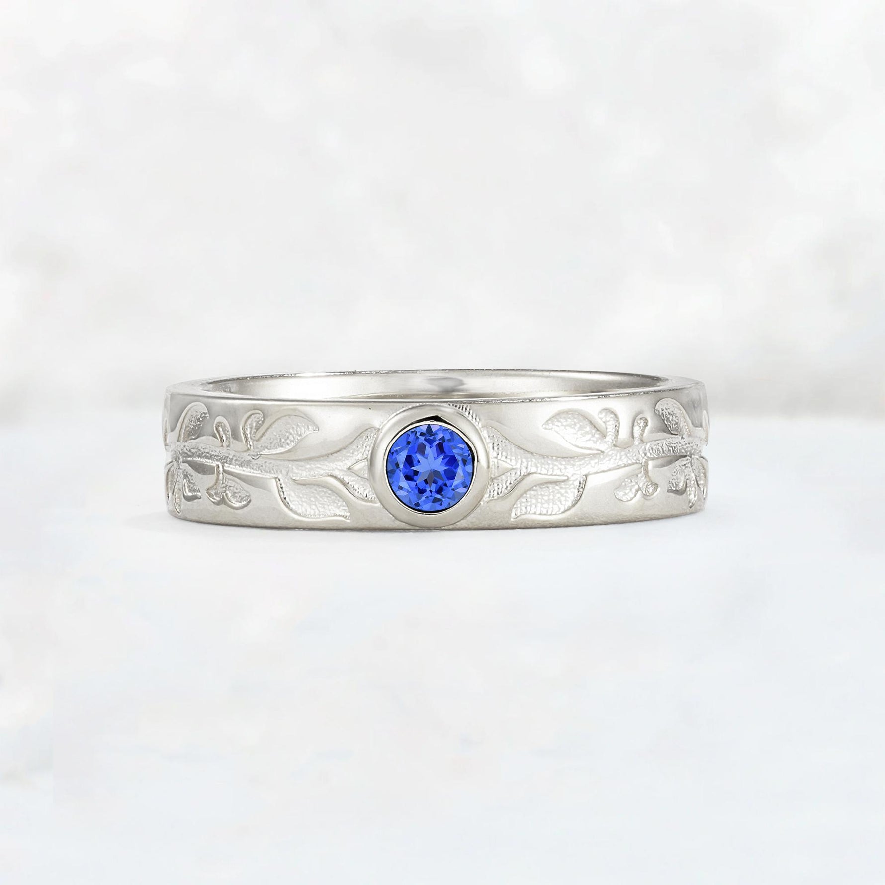 Nature-Inspired Round Cut Sapphire Engraved Leaf Vine Wedding Band - Additional view