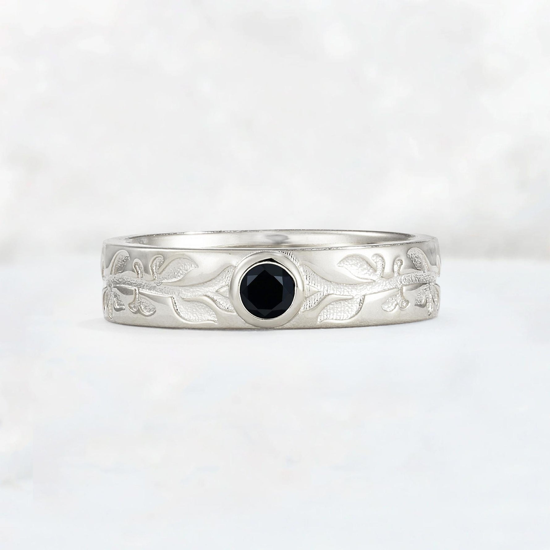 Nature-Inspired Round Cut Black Onyx Engraved Leaf Vine Wedding Band - Additional view
