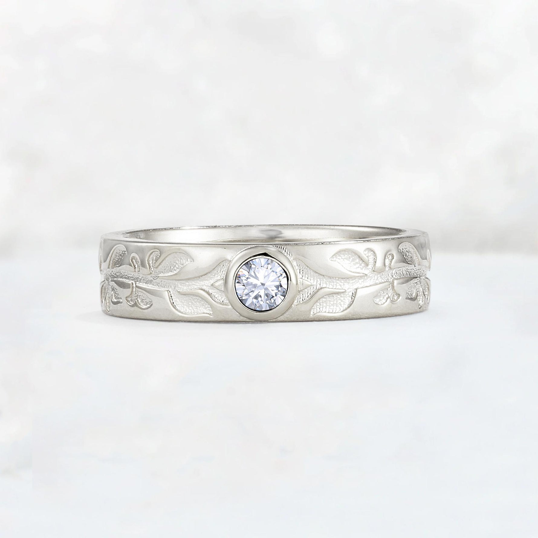 Nature-Inspired Round Cut Lab Diamond Engraved Leaf Vine Wedding Band - Additional view