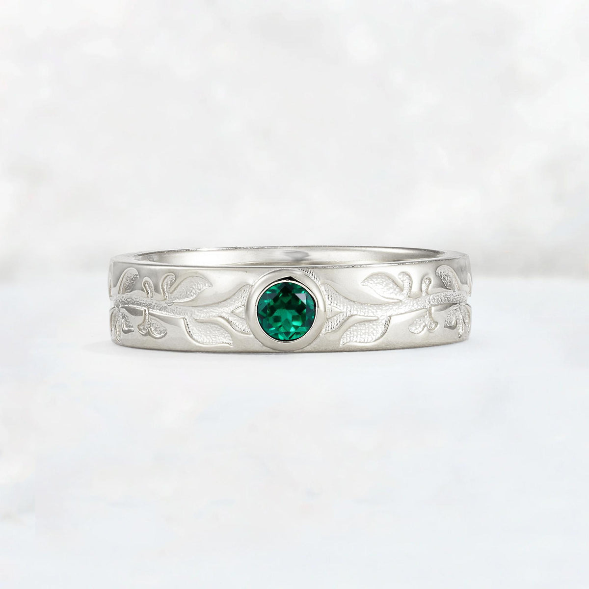 Nature-Inspired Round Cut Emerald Engraved Leaf Vine Wedding Band - Additional view