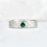 Nature-Inspired Round Cut Emerald Engraved Leaf Vine Wedding Band - Additional view