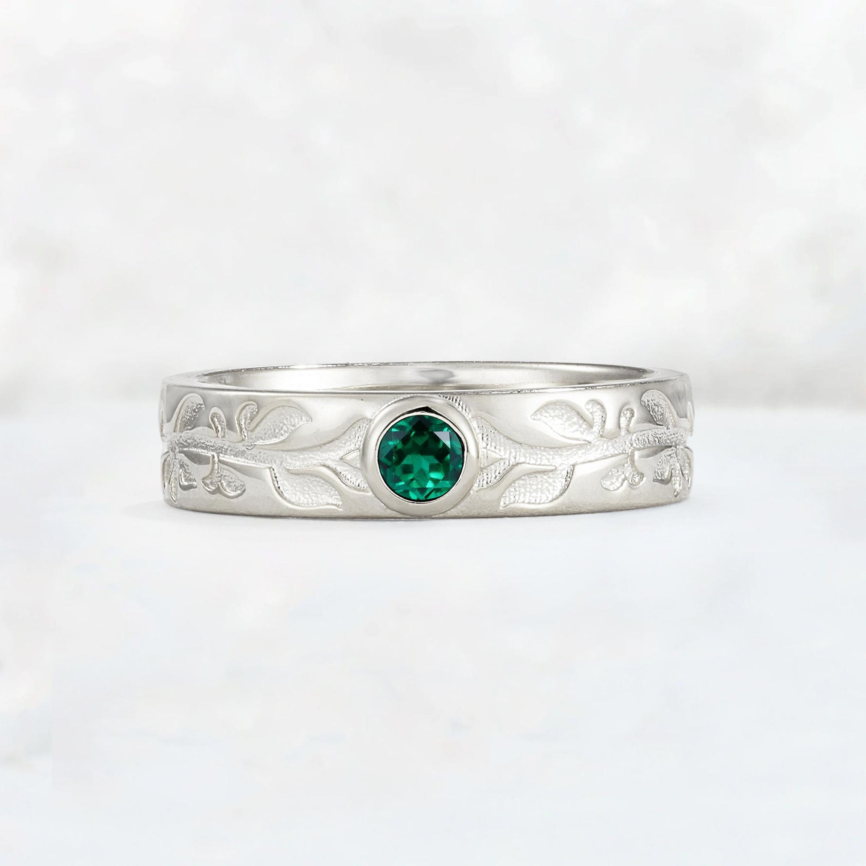 Nature-Inspired Round Cut Emerald Engraved Leaf Vine Wedding Band - Additional view