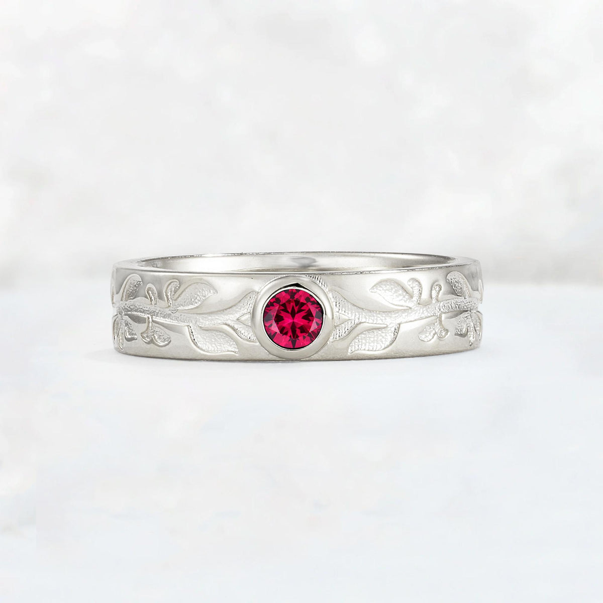 Nature-Inspired Round Cut Ruby Engraved Leaf Vine Wedding Band - Additional view