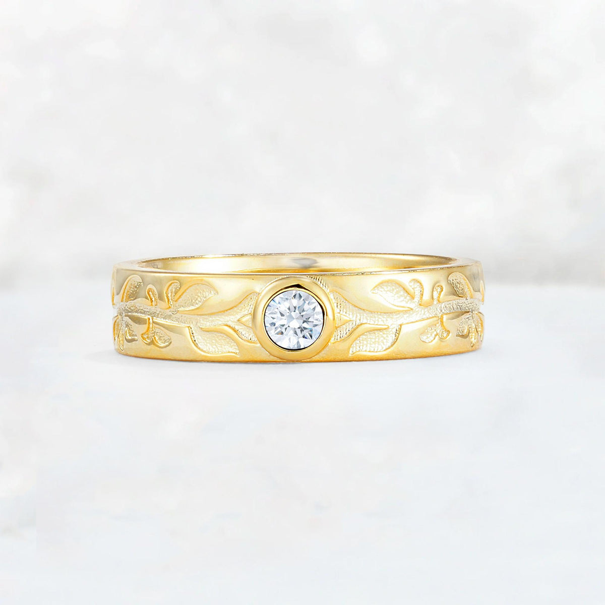 Nature-Inspired Round Cut Moissanite Engraved Leaf Vine Wedding Band - Additional view
