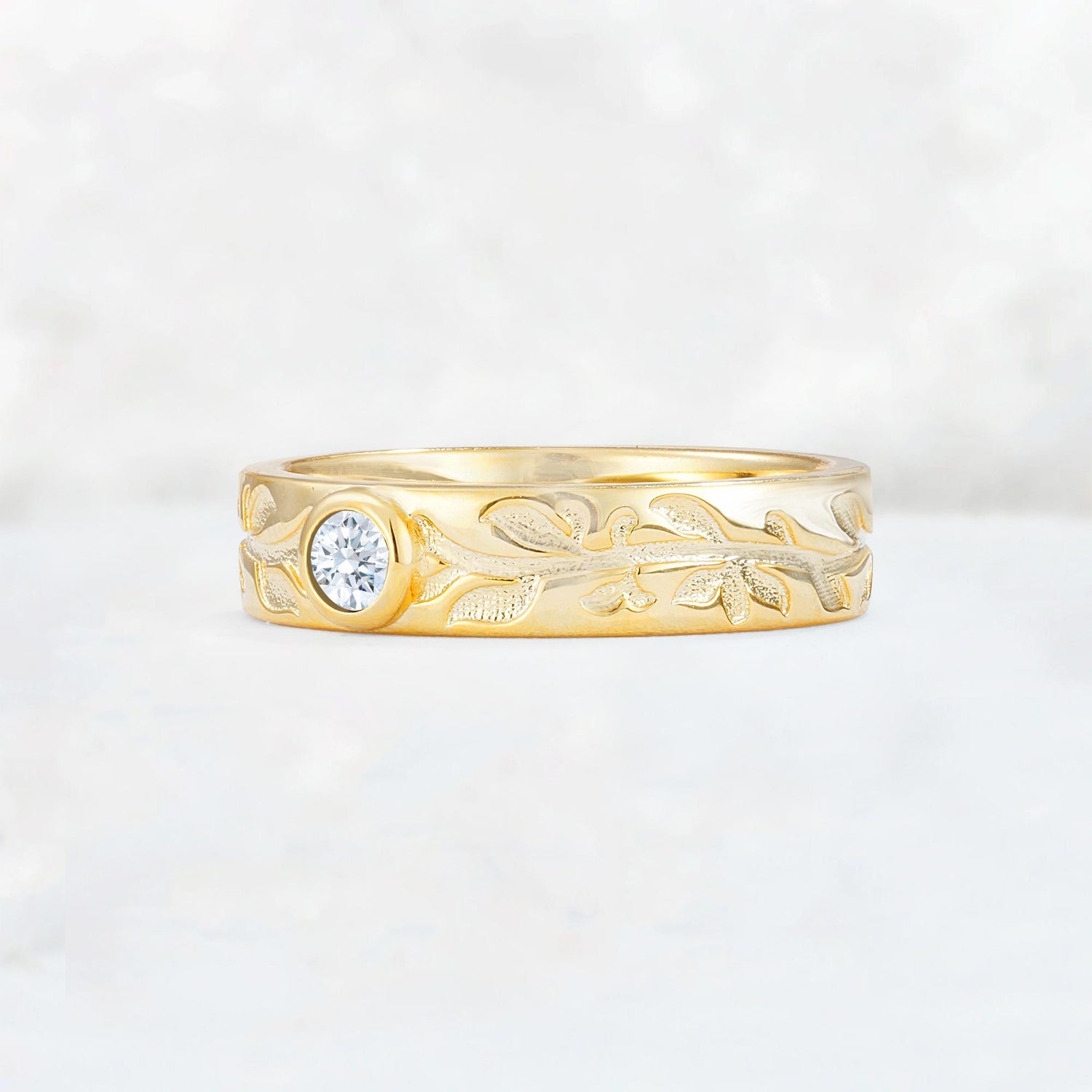 Nature-Inspired Round Cut Moissanite Engraved Leaf Vine Wedding Band - Additional view
