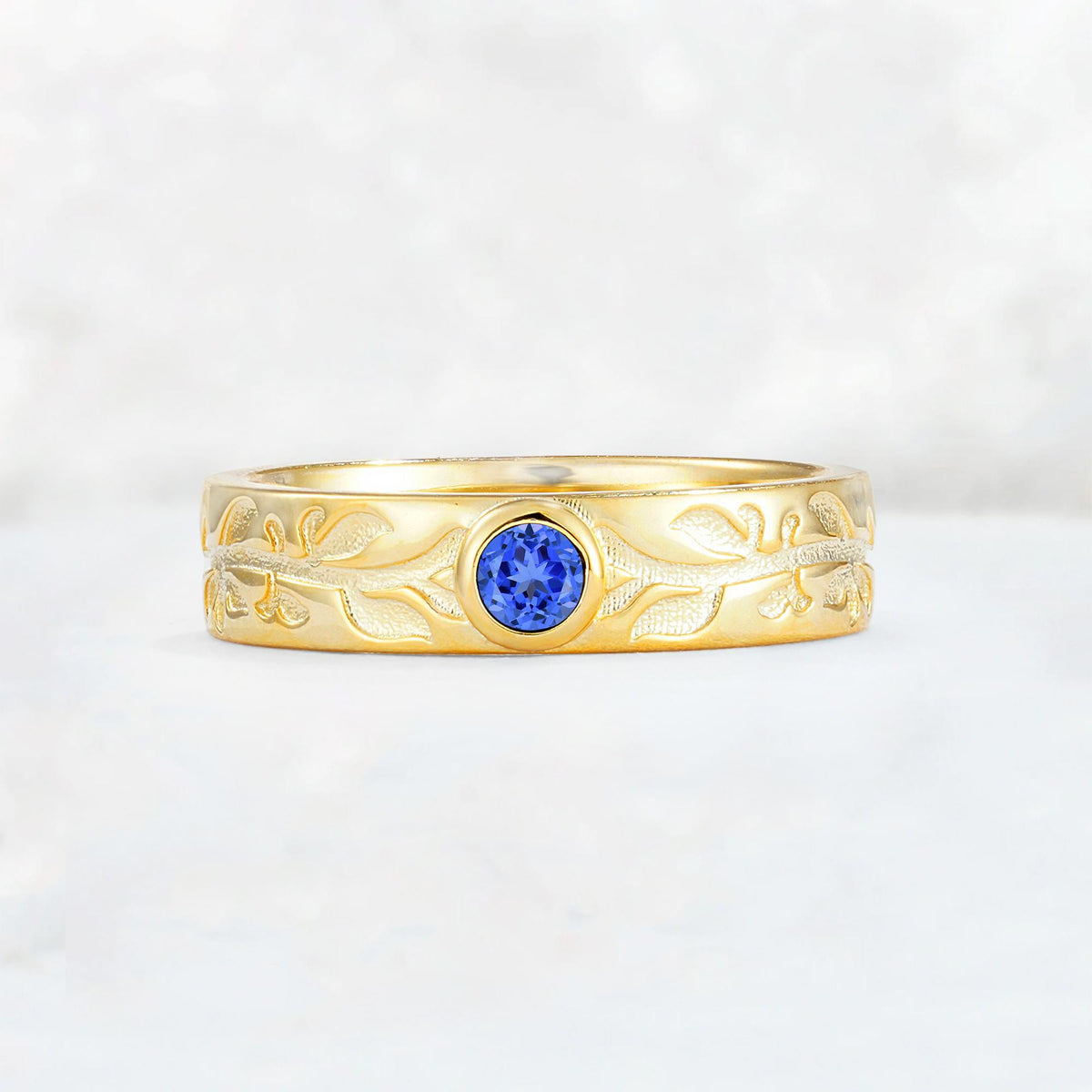 Nature-Inspired Round Cut Sapphire Engraved Leaf Vine Wedding Band - Additional view