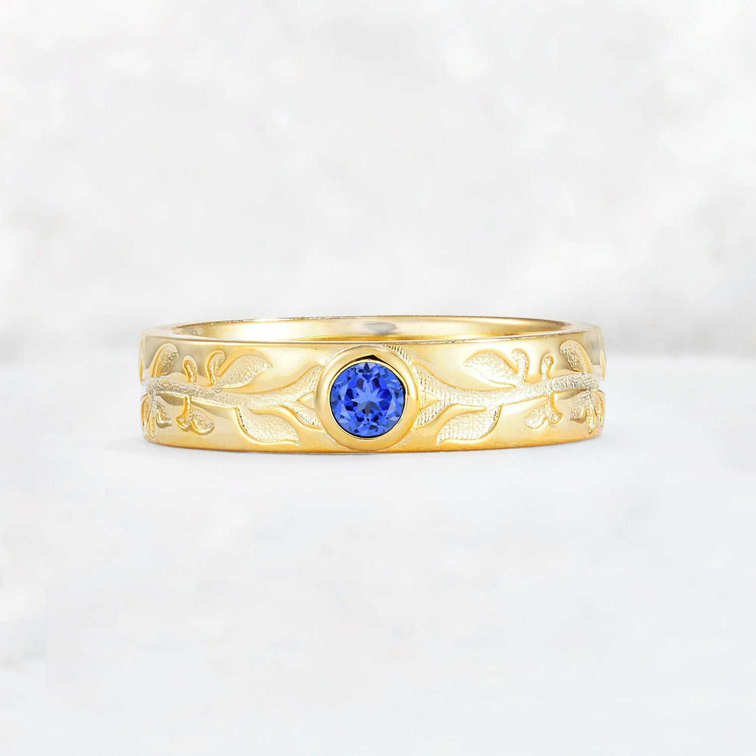 Nature-Inspired Round Cut Sapphire Engraved Leaf Vine Wedding Band - Additional view