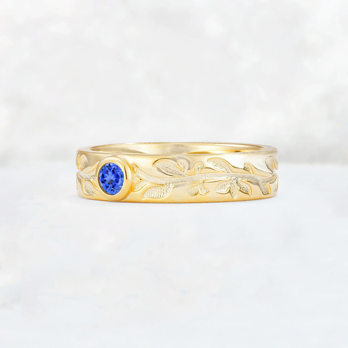 Nature-Inspired Round Cut Sapphire Engraved Leaf Vine Wedding Band - Additional view