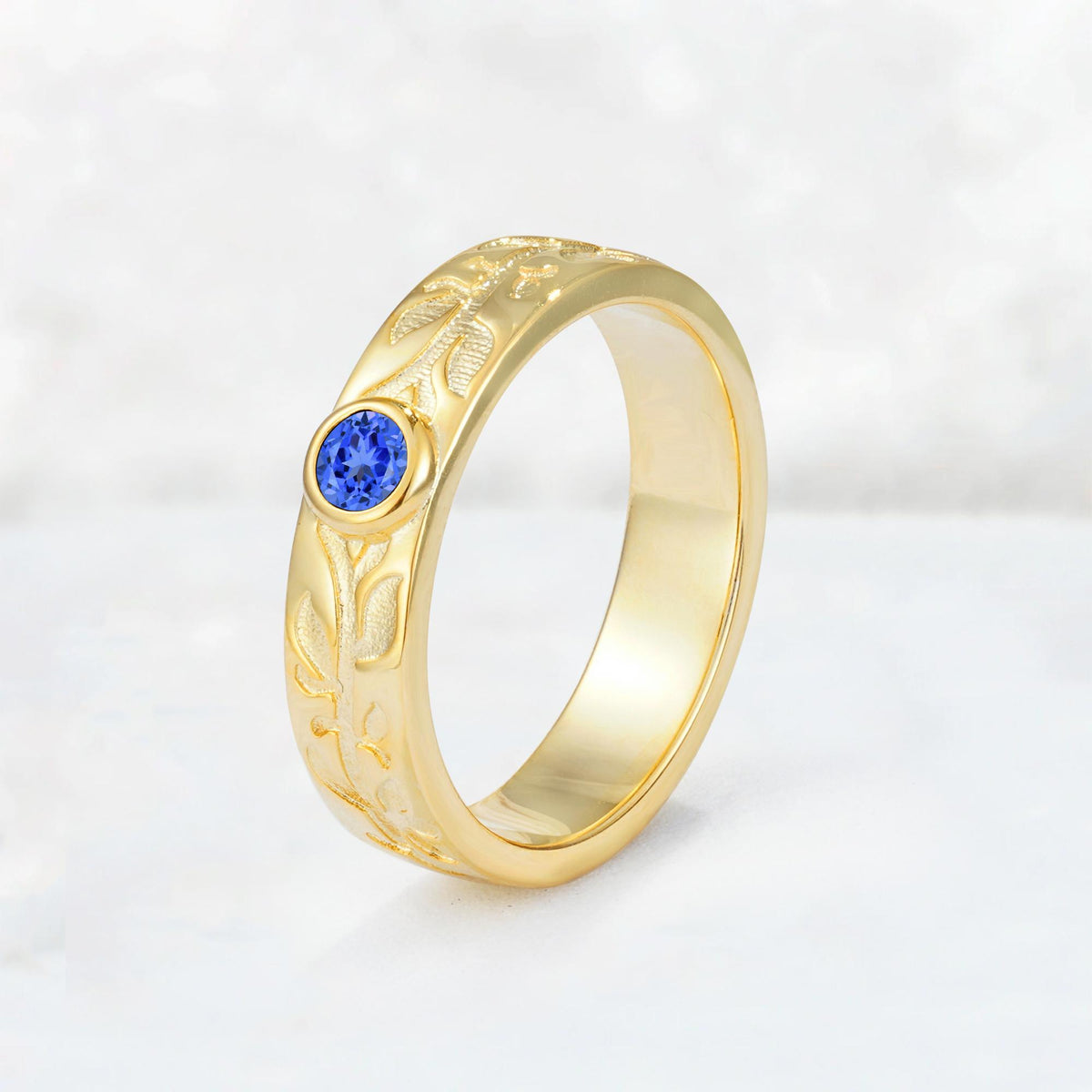 Nature-Inspired Round Cut Sapphire Engraved Leaf Vine Wedding Band - Additional view