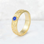 Nature-Inspired Round Cut Sapphire Engraved Leaf Vine Wedding Band - Additional view