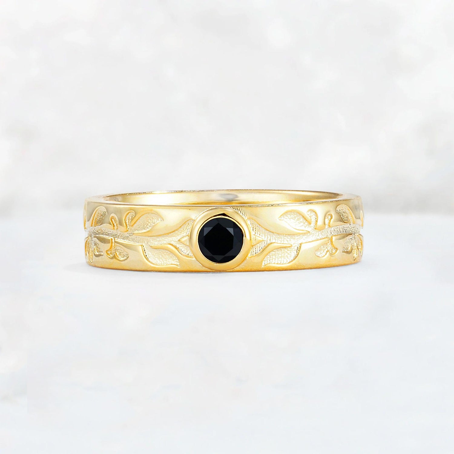 Nature-Inspired Round Cut Black Onyx Engraved Leaf Vine Wedding Band - Additional view