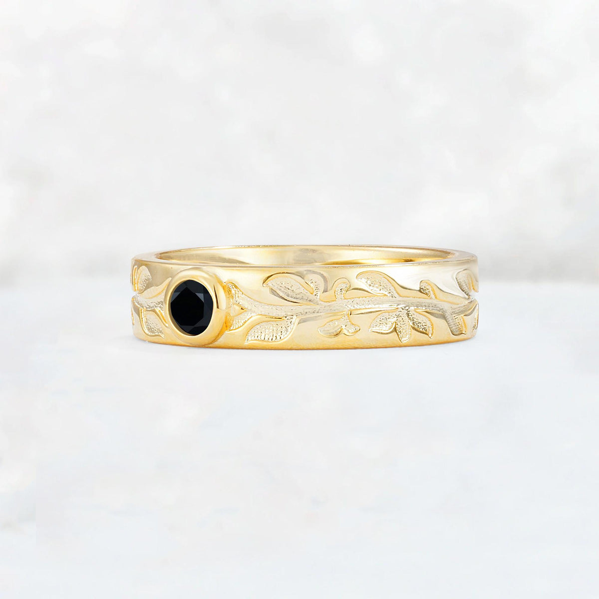 Nature-Inspired Round Cut Black Onyx Engraved Leaf Vine Wedding Band - Additional view