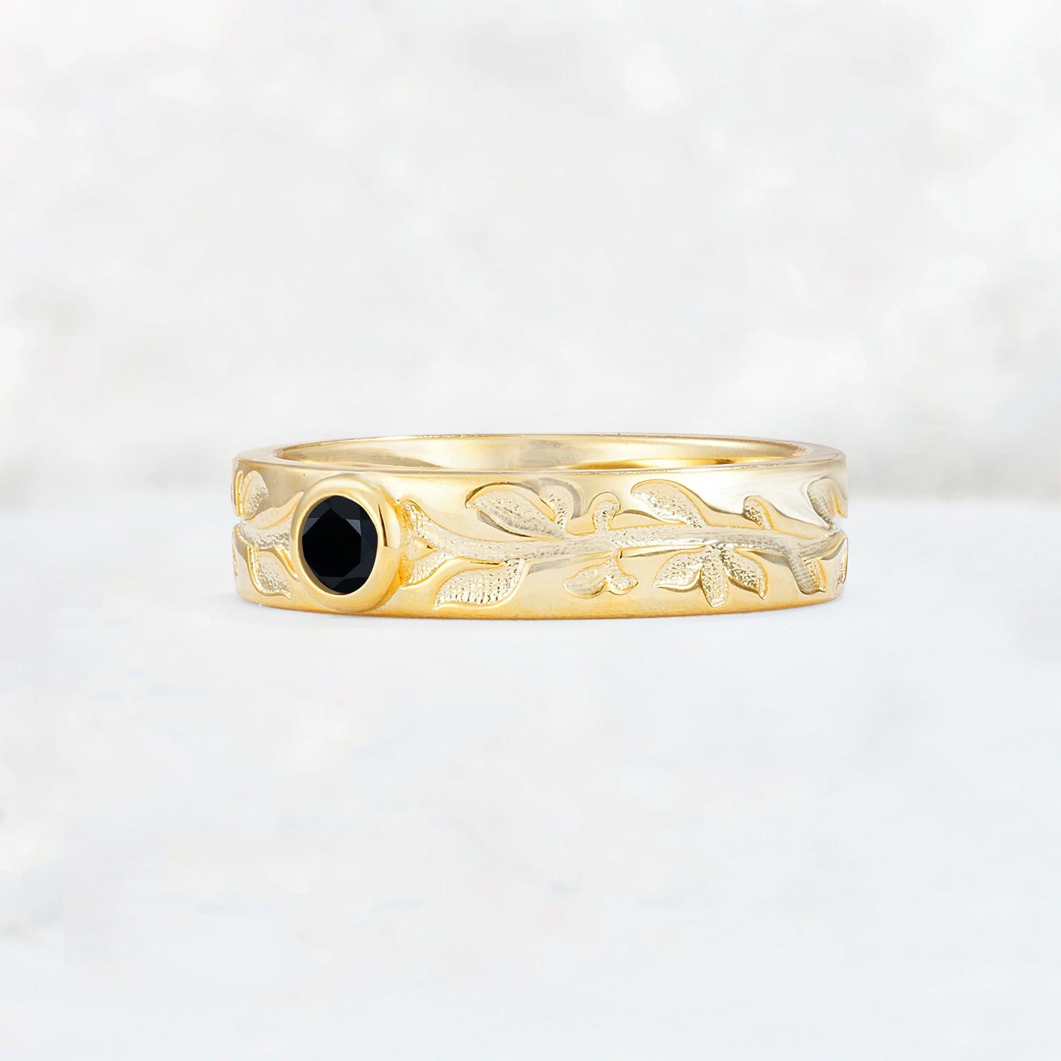 Nature-Inspired Round Cut Black Onyx Engraved Leaf Vine Wedding Band - Additional view