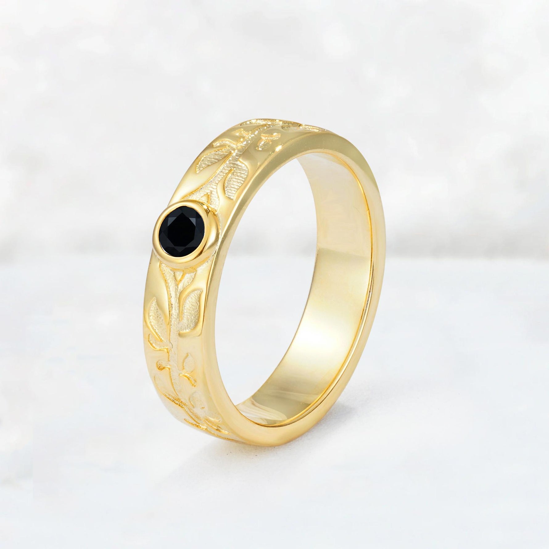 Nature-Inspired Round Cut Black Onyx Engraved Leaf Vine Wedding Band - Additional view