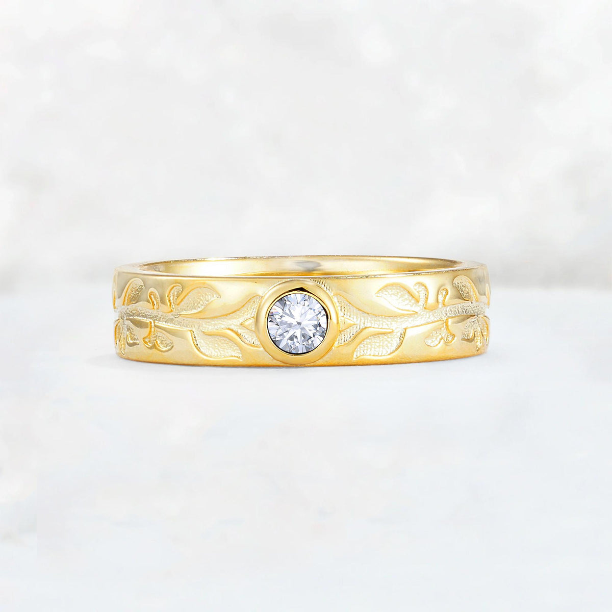 Nature-Inspired Round Cut Lab Diamond Engraved Leaf Vine Wedding Band - Additional view