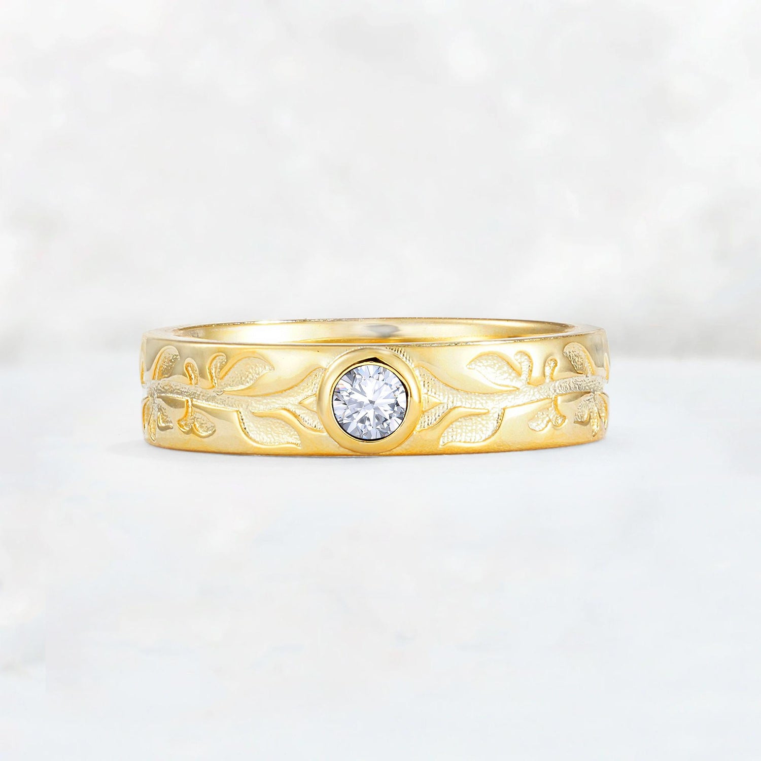 Nature-Inspired Round Cut Lab Diamond Engraved Leaf Vine Wedding Band - Additional view