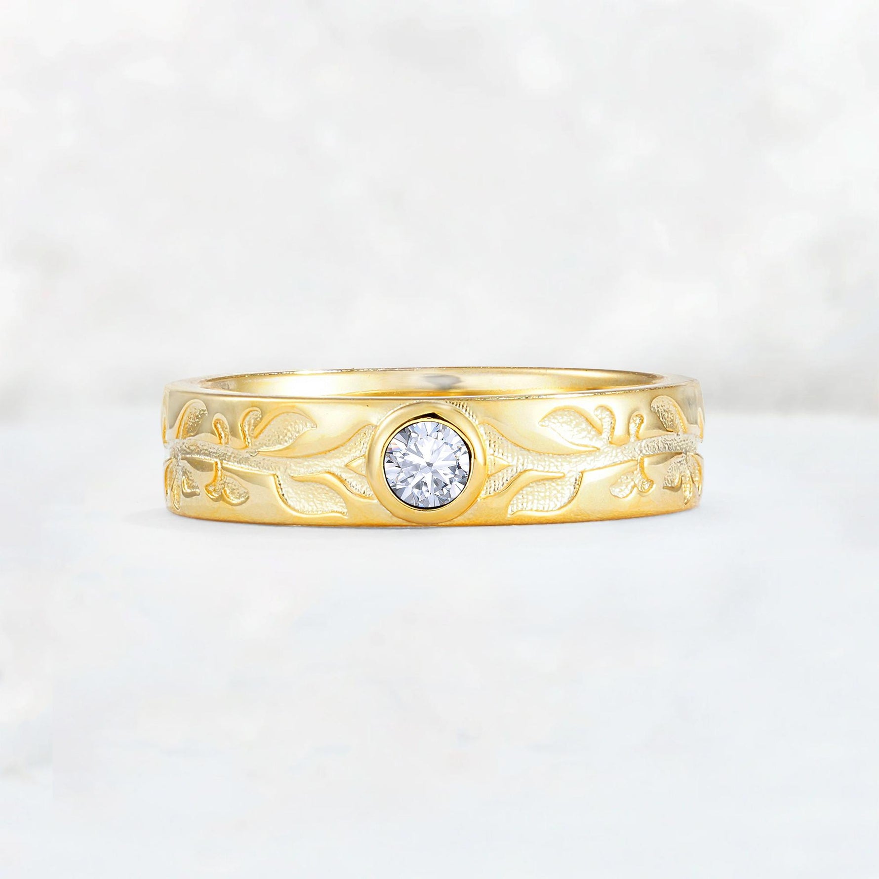 Nature-Inspired Round Cut Lab Diamond Engraved Leaf Vine Wedding Band - Additional view