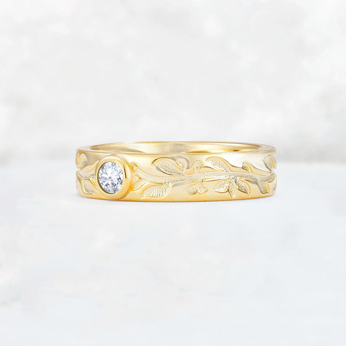 Nature-Inspired Round Cut Lab Diamond Engraved Leaf Vine Wedding Band - Additional view