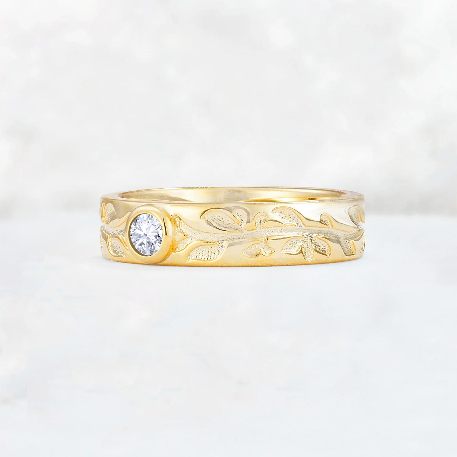 Nature-Inspired Round Cut Lab Diamond Engraved Leaf Vine Wedding Band - Additional view