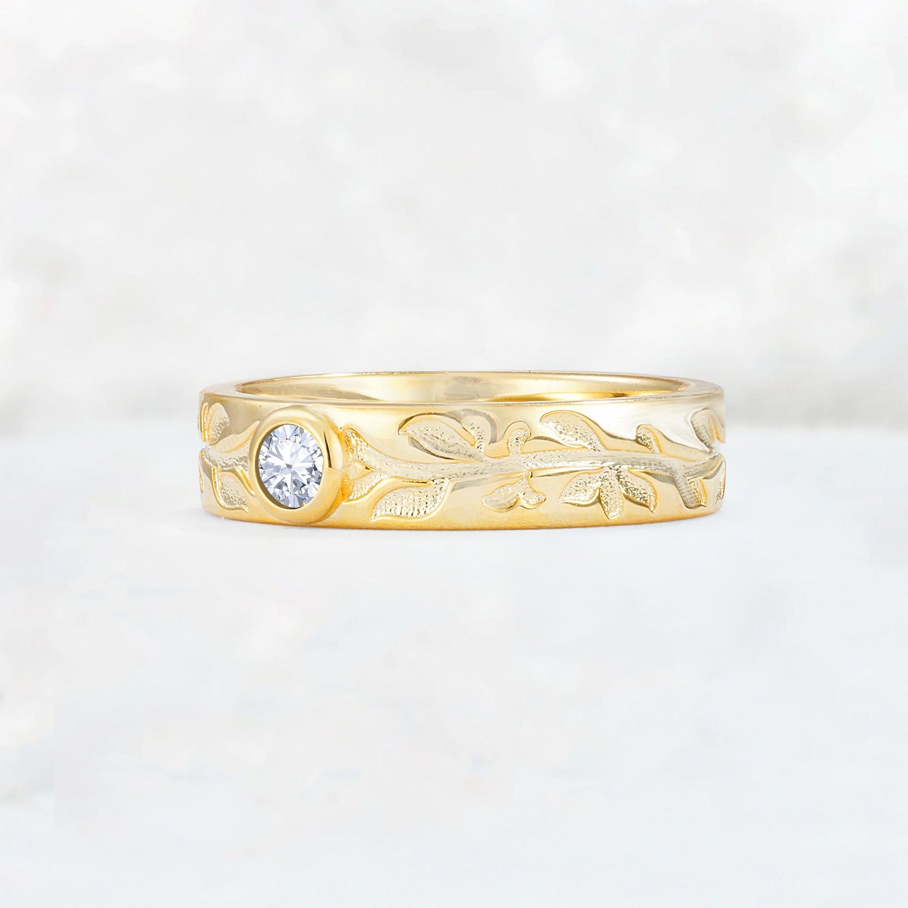 Nature-Inspired Round Cut Lab Diamond Engraved Leaf Vine Wedding Band - Additional view