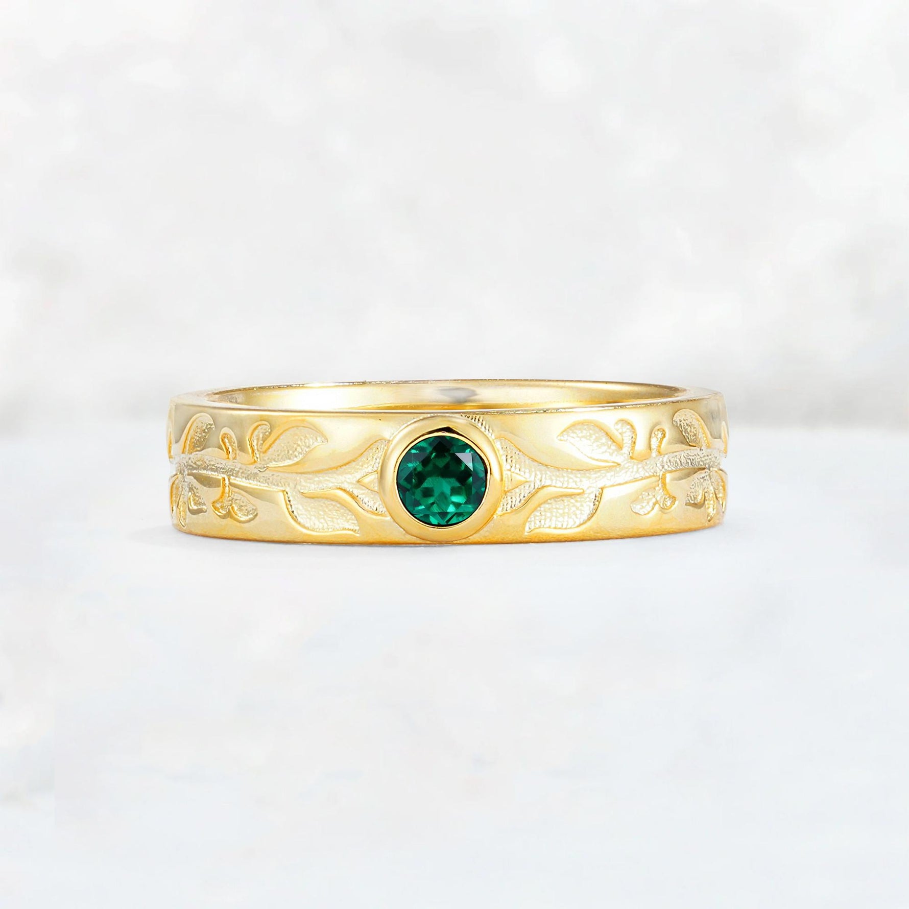 Nature-Inspired Round Cut Emerald Engraved Leaf Vine Wedding Band - Additional view