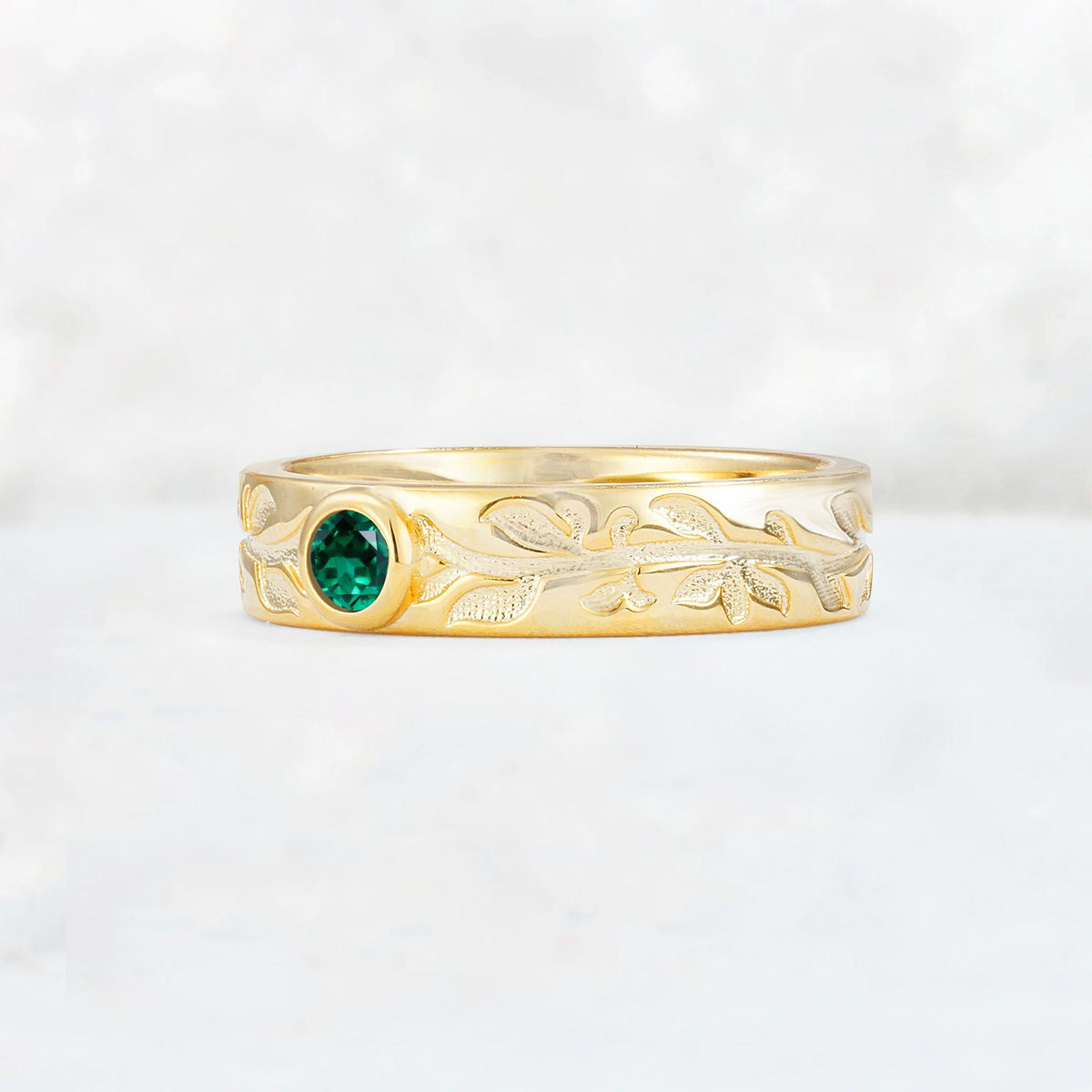 Nature-Inspired Round Cut Emerald Engraved Leaf Vine Wedding Band - Additional view