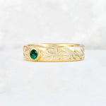 Nature-Inspired Round Cut Emerald Engraved Leaf Vine Wedding Band - Additional view