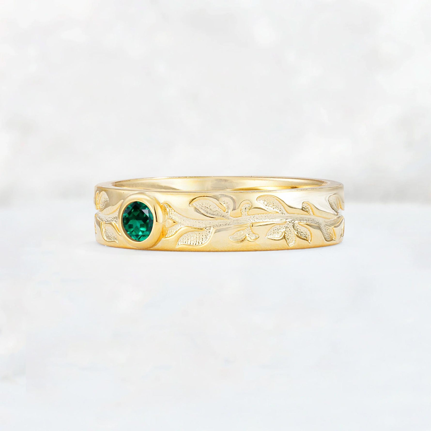 Nature-Inspired Round Cut Emerald Engraved Leaf Vine Wedding Band - Additional view