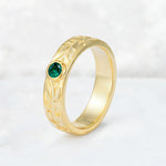 Nature-Inspired Round Cut Emerald Engraved Leaf Vine Wedding Band - Additional view