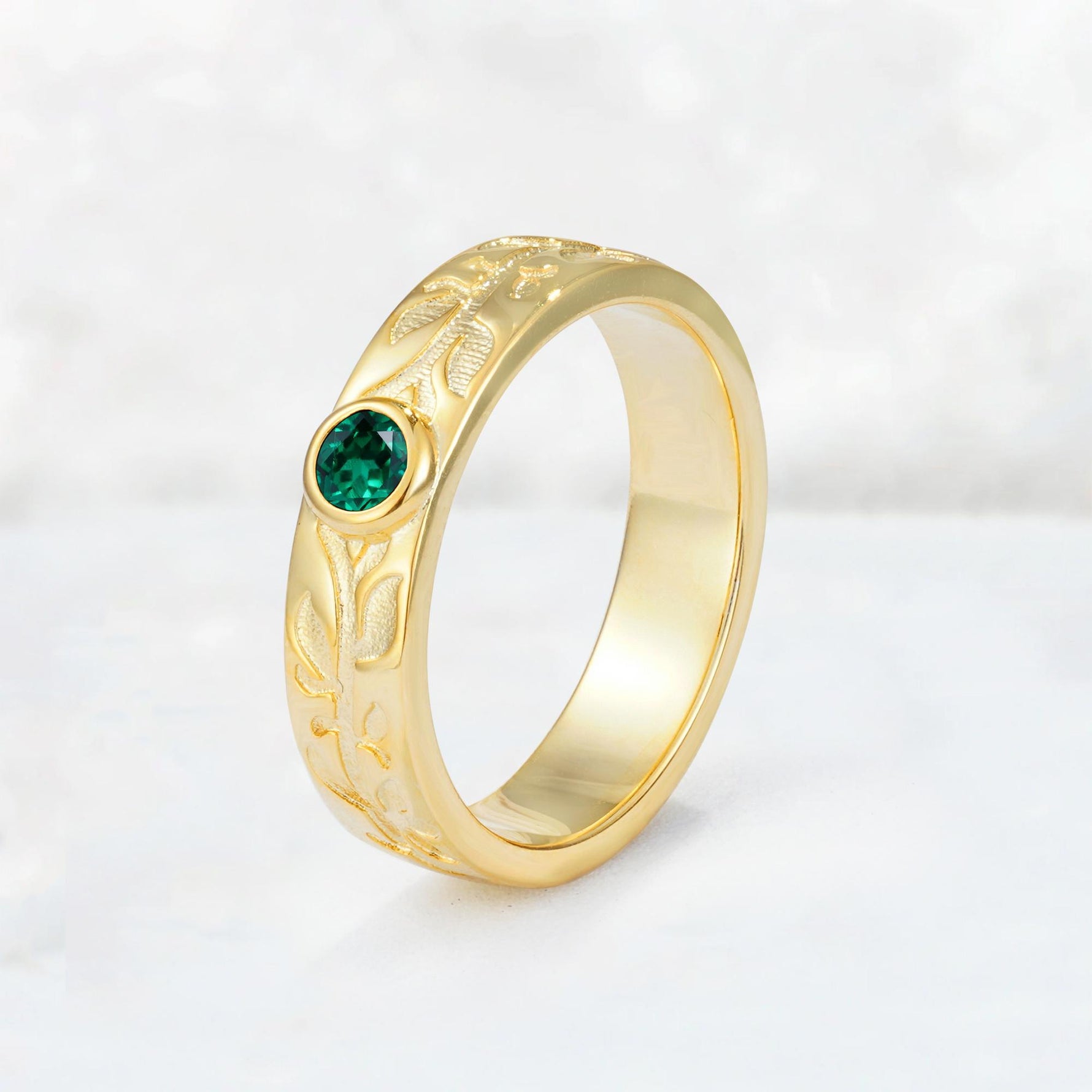 Nature-Inspired Round Cut Emerald Engraved Leaf Vine Wedding Band - Additional view