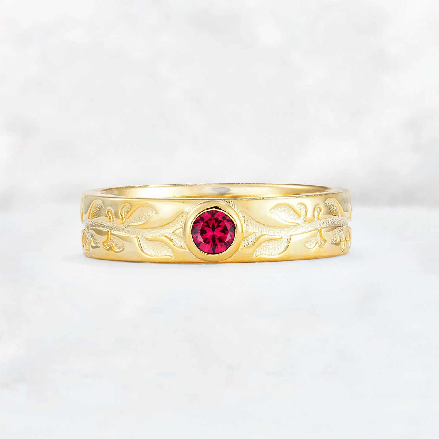 Nature-Inspired Round Cut Ruby Engraved Leaf Vine Wedding Band - Additional view