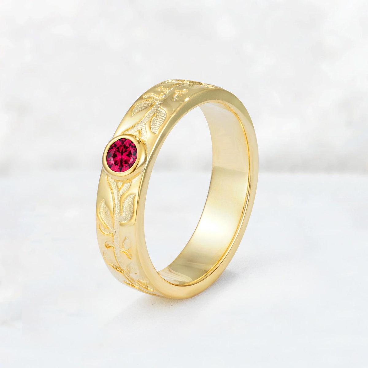 Nature-Inspired Round Cut Ruby Engraved Leaf Vine Wedding Band - Additional view