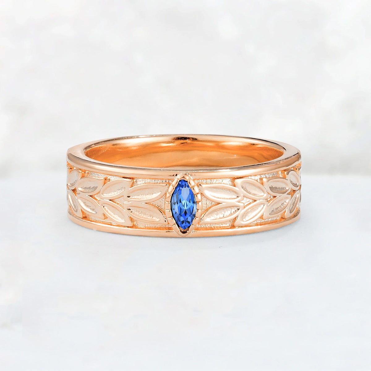 Nature-Inspired Leaf Engraved Sapphire Men’s Wedding Band - Additional view