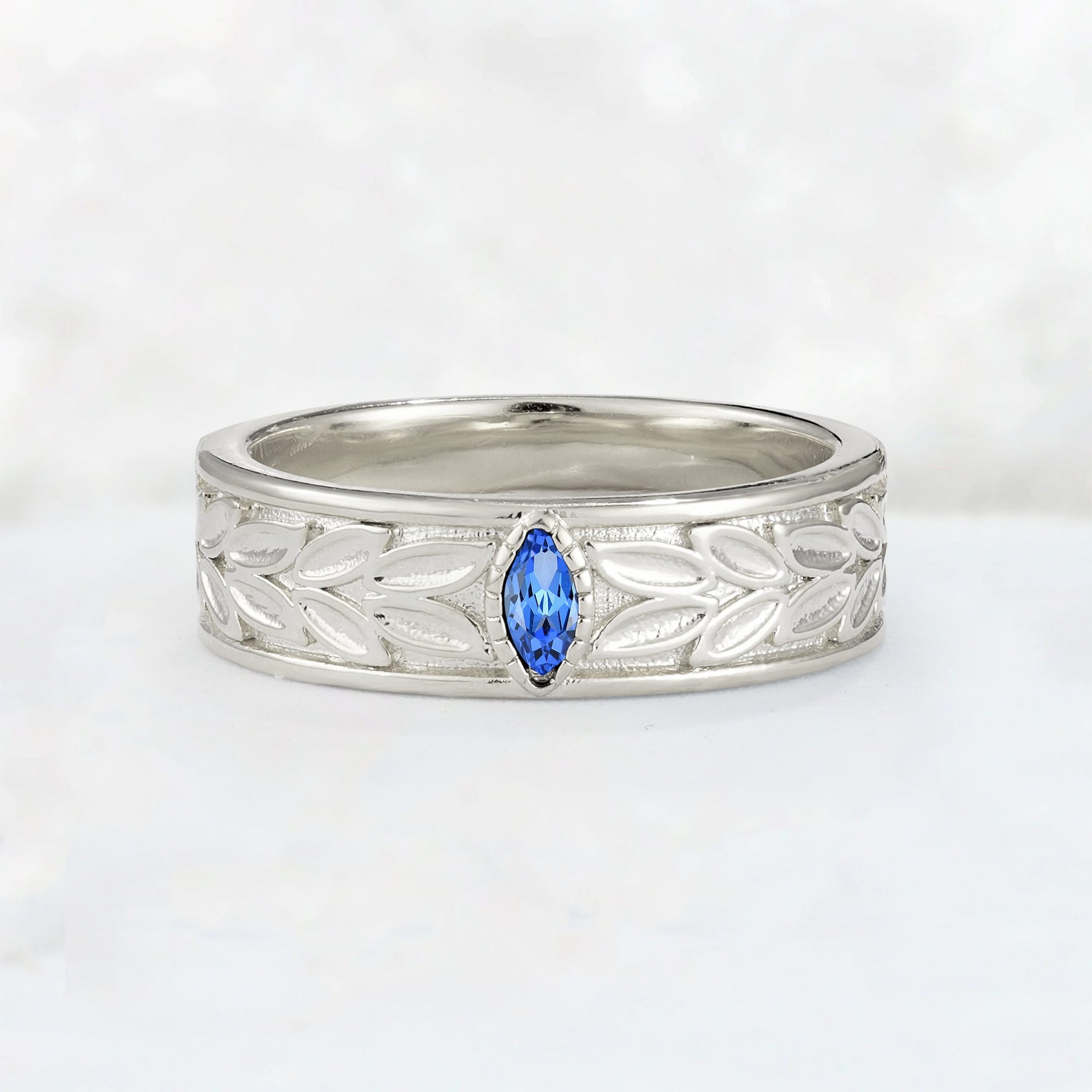 Nature-Inspired Leaf Engraved Sapphire Men’s Wedding Band - Additional view