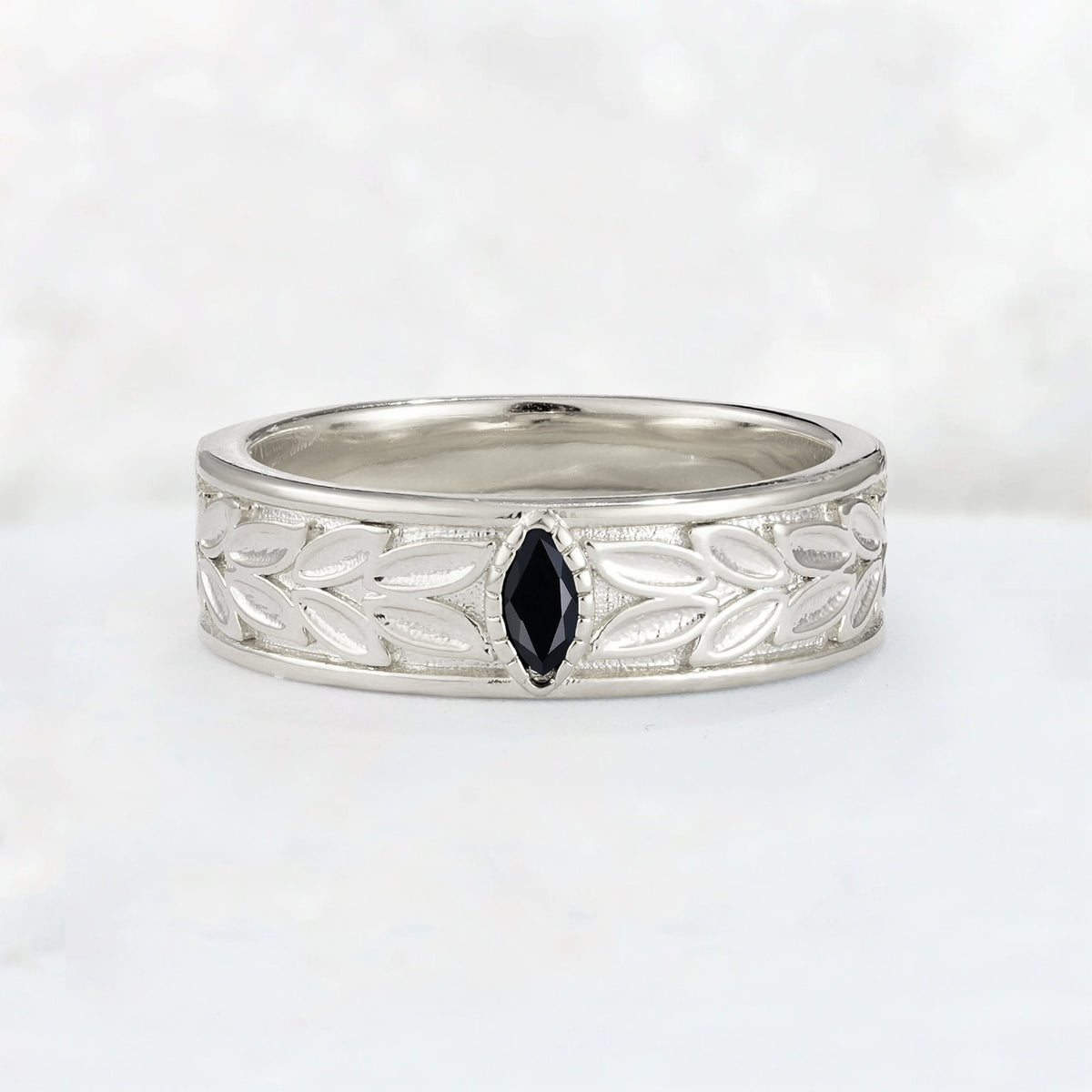 Nature-Inspired Leaf Engraved Black Onyx Men’s Wedding Band - Additional view