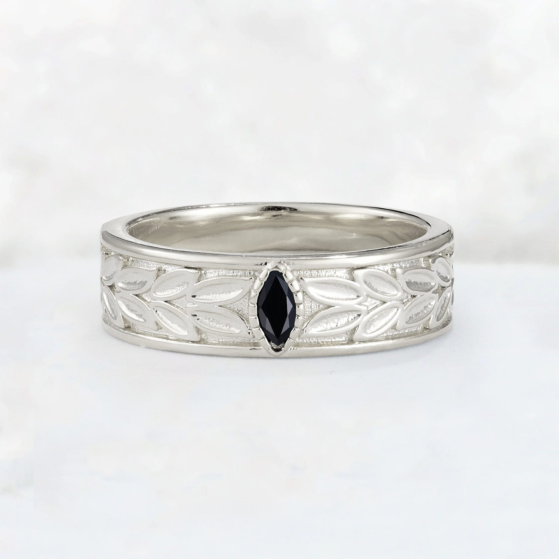 Nature-Inspired Leaf Engraved Black Onyx Men’s Wedding Band - Additional view
