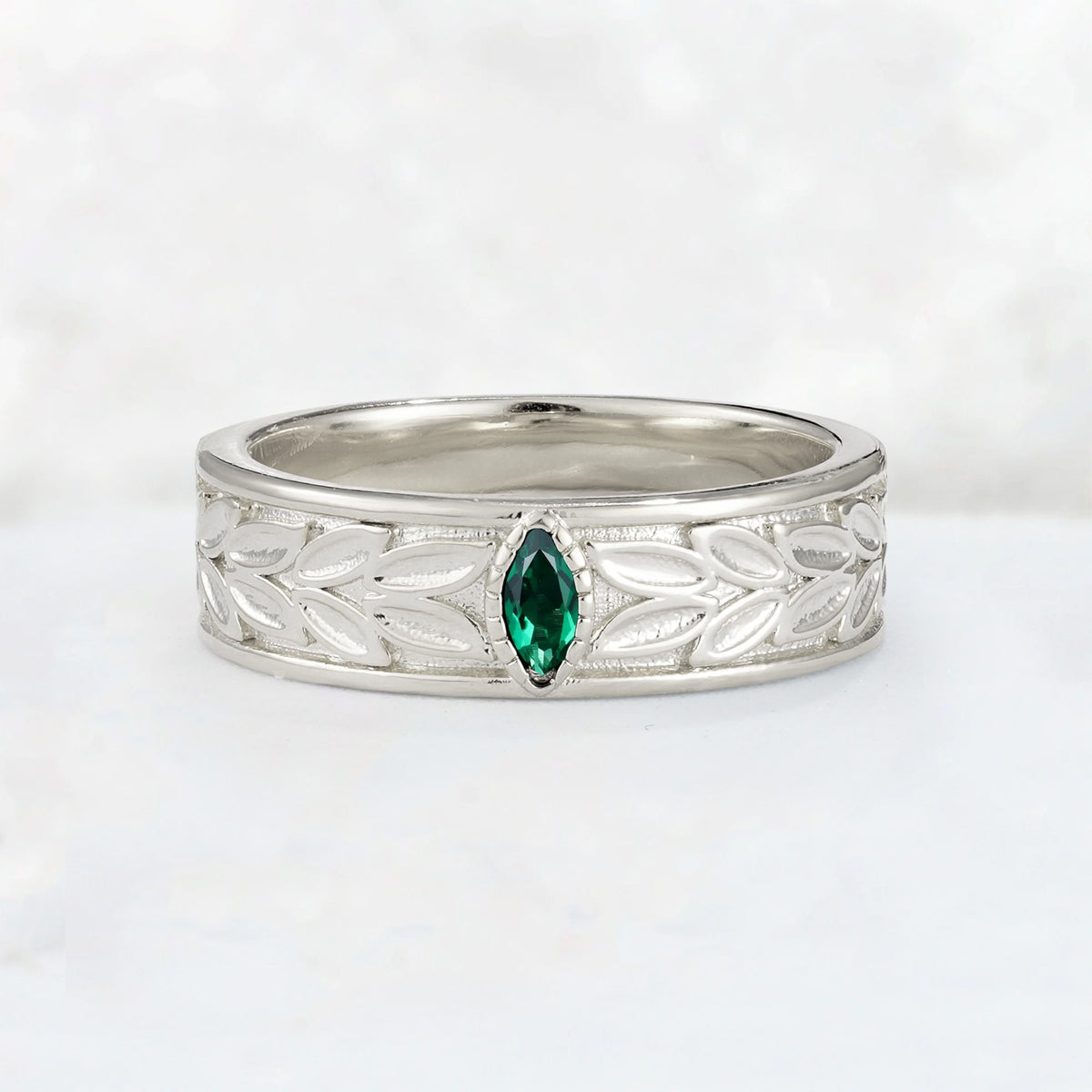 Nature-Inspired Leaf Engraved Emerald Men’s Wedding Band - Additional view