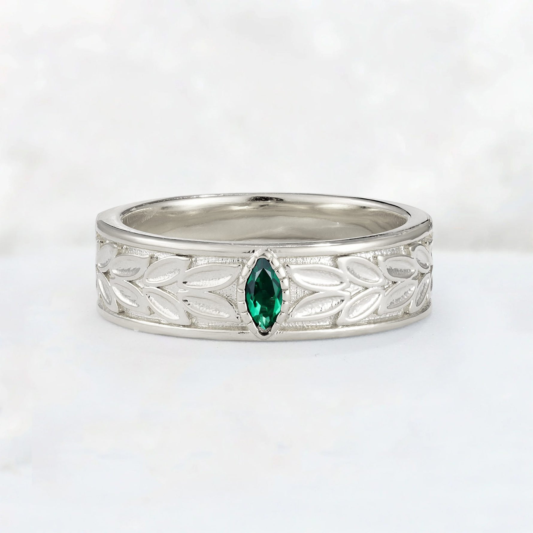 Nature-Inspired Leaf Engraved Emerald Men’s Wedding Band - Additional view