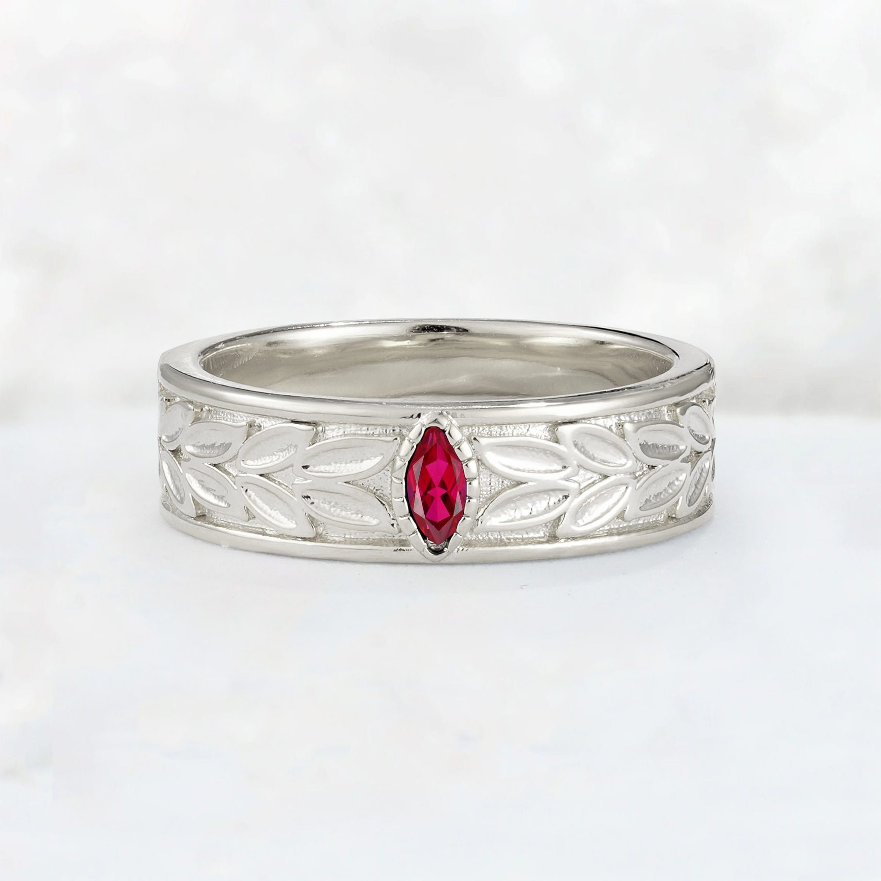 Nature-Inspired Leaf Engraved Ruby Men’s Wedding Band - Additional view