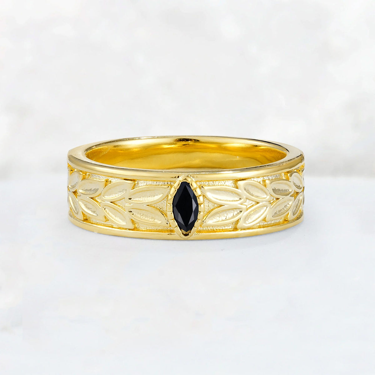 Nature-Inspired Leaf Engraved Black Onyx Men’s Wedding Band - Additional view