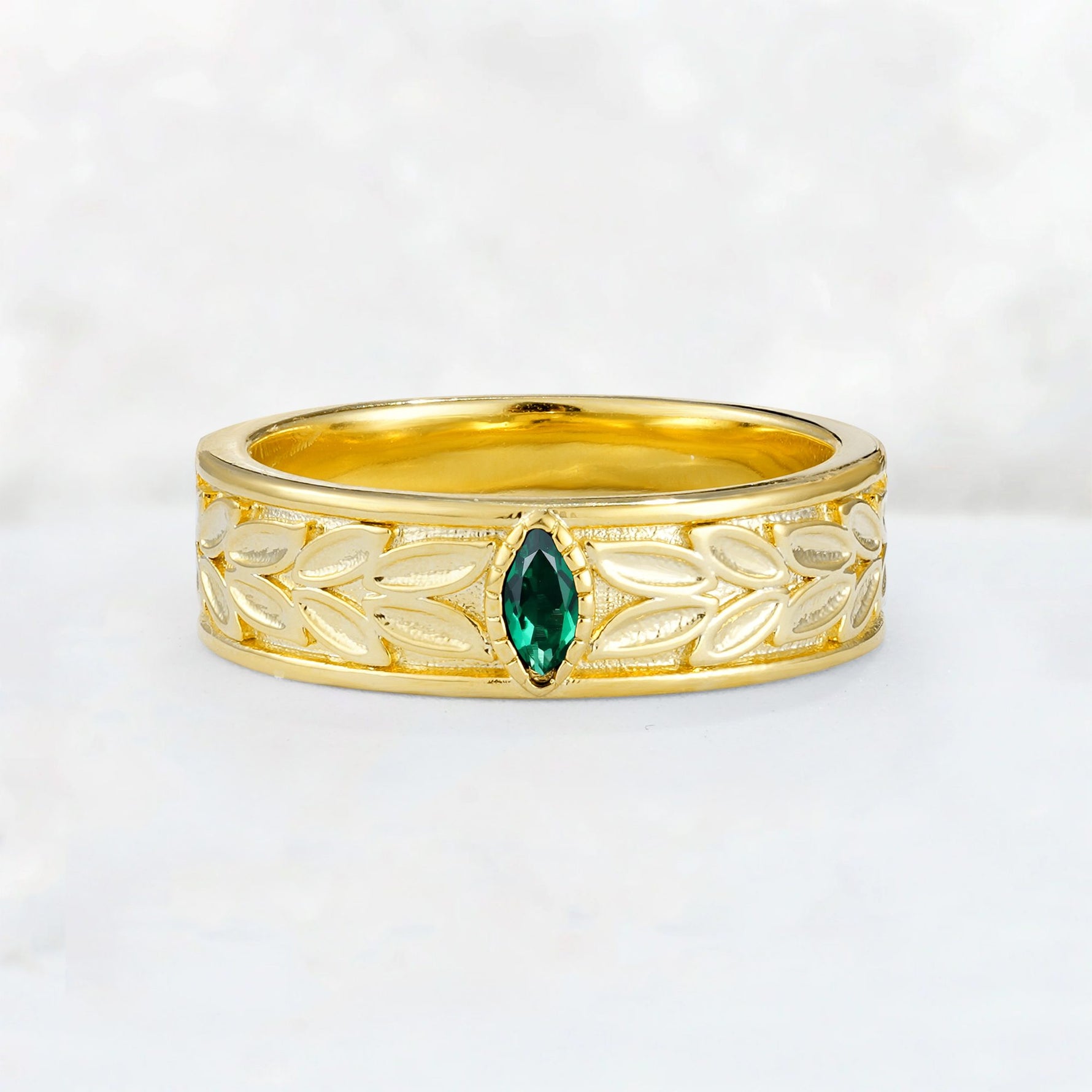 Nature-Inspired Leaf Engraved Emerald Men’s Wedding Band - Additional view